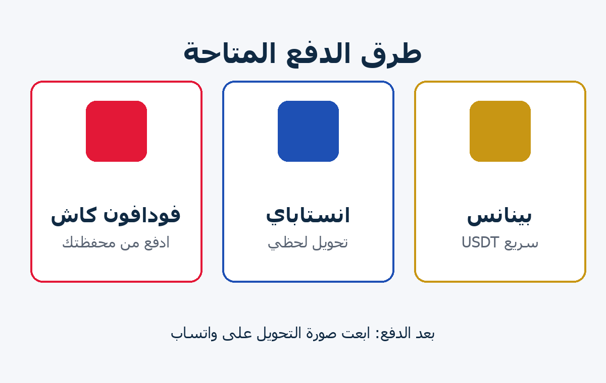 طرق الدفع المتاحة فودافون كاش وانستاباي وبينانس